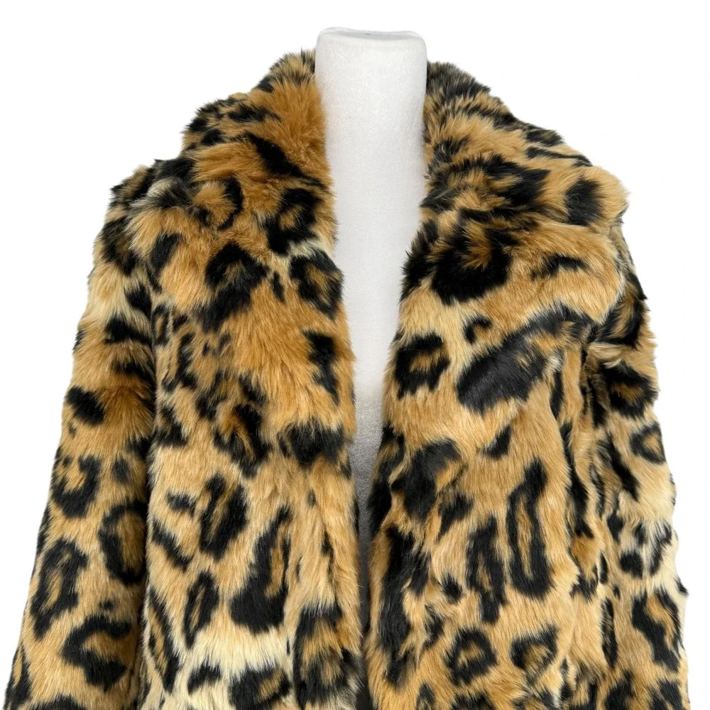 Leopard Print Faux Fur Longline Coat Womens Notched Collar Tan Black Animal